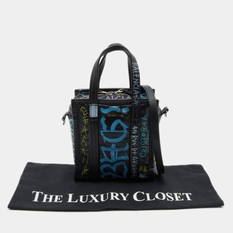 Pre Owned Balenciaga Black Graffiti Printed Leather Bazar Tote