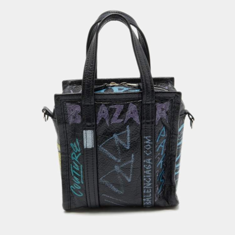 Pre Owned Balenciaga Black Graffiti Printed Leather Bazar Tote