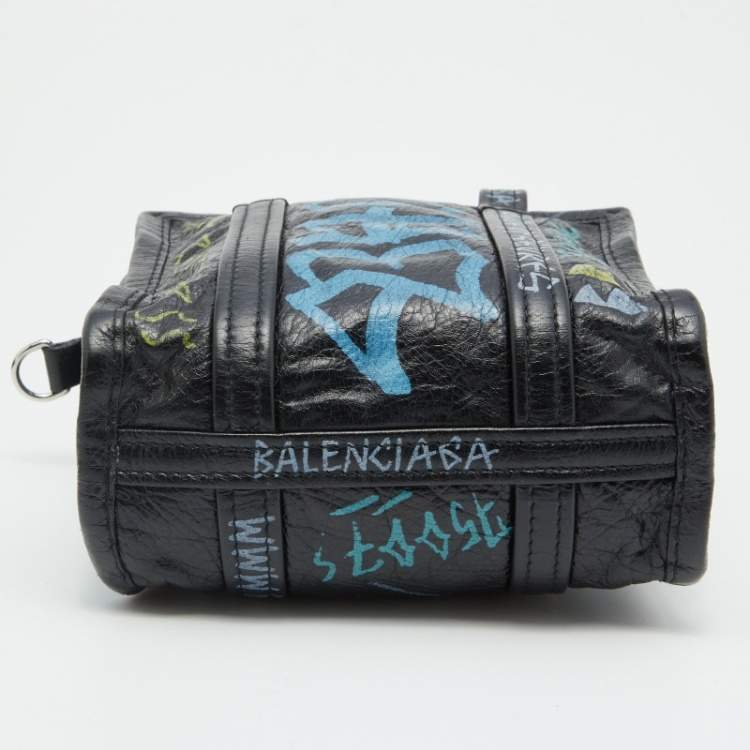Pre Owned Balenciaga Black Graffiti Printed Leather Bazar Tote