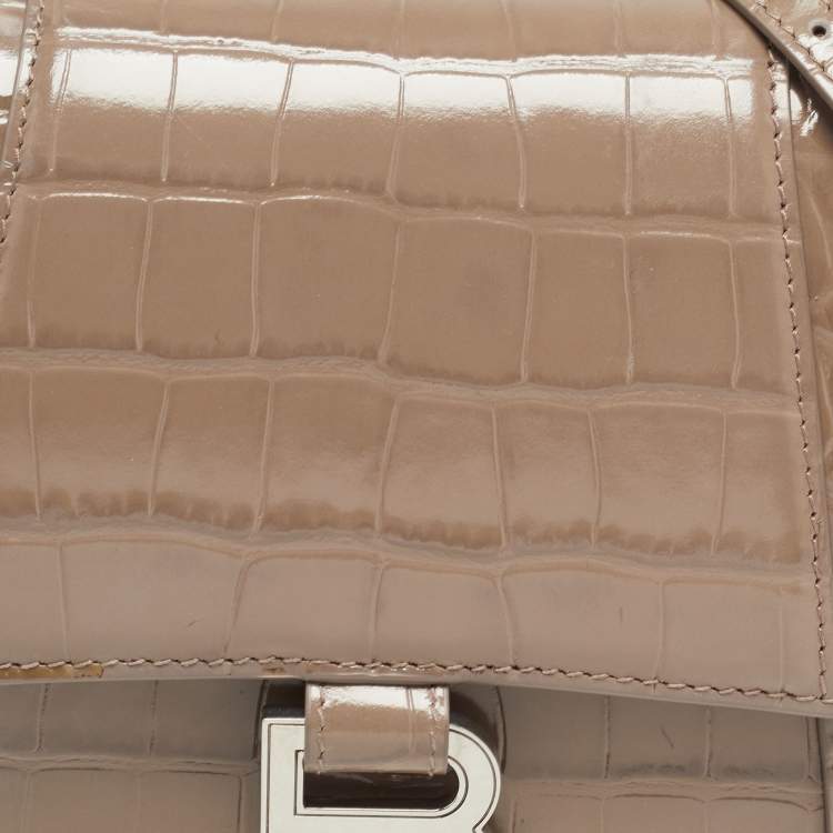 Pre Owned Balenciaga Beige Croc Embossed Leather Small Hourglass Box Top Handle Bag