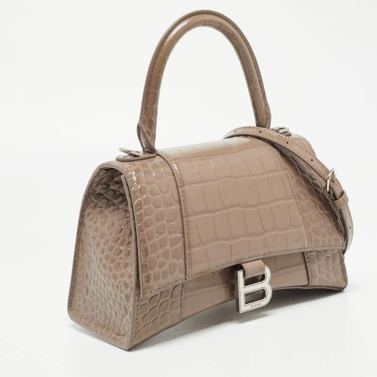 Pre Owned Balenciaga Beige Croc Embossed Leather Small Hourglass Box Top Handle Bag
