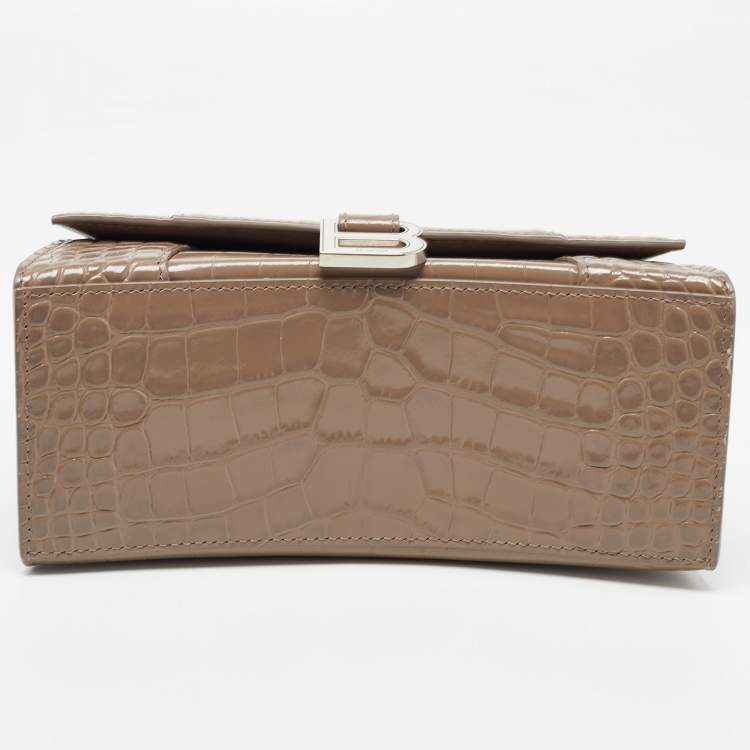 Pre Owned Balenciaga Beige Croc Embossed Leather Small Hourglass Box Top Handle Bag