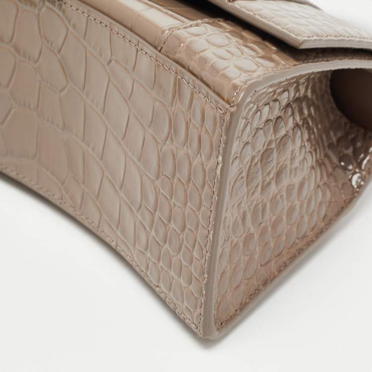 Pre Owned Balenciaga Beige Croc Embossed Leather Small Hourglass Box Top Handle Bag