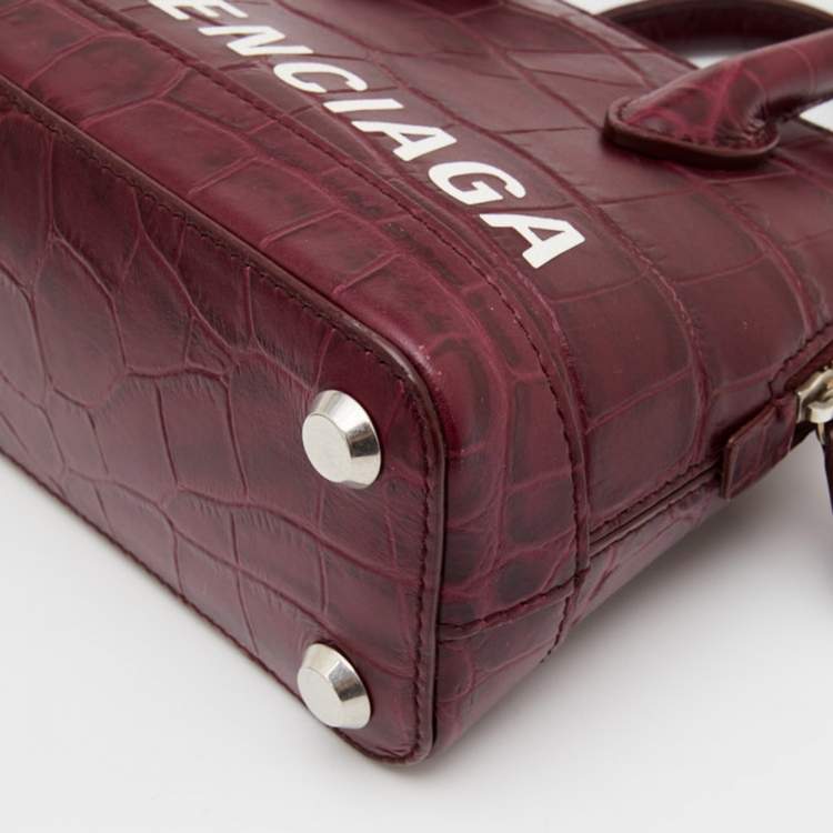 Pre Owned Balenciaga Burgundy Croc Embossed Leather Ville Satchel