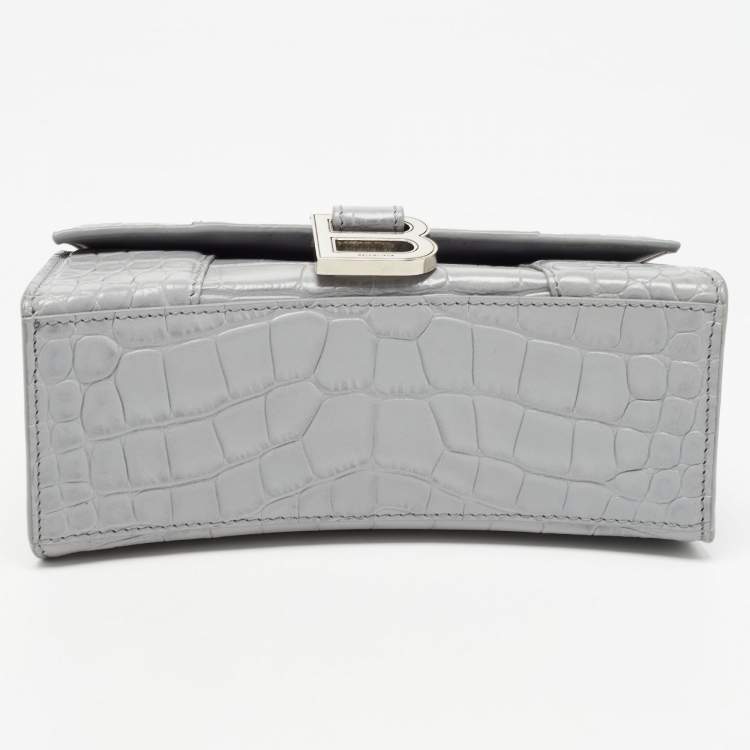 Pre Owned Balenciaga Grey Croc Embossed Leather XS Hourglass Top Handle Bag