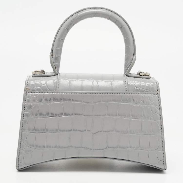 Pre Owned Balenciaga Grey Croc Embossed Leather XS Hourglass Top Handle Bag