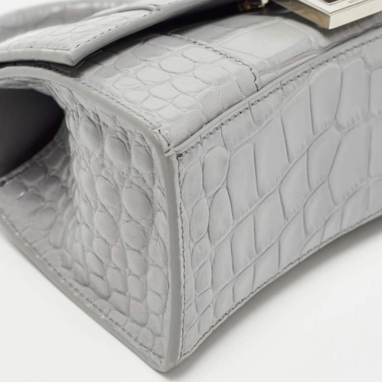 Pre Owned Balenciaga Grey Croc Embossed Leather XS Hourglass Top Handle Bag