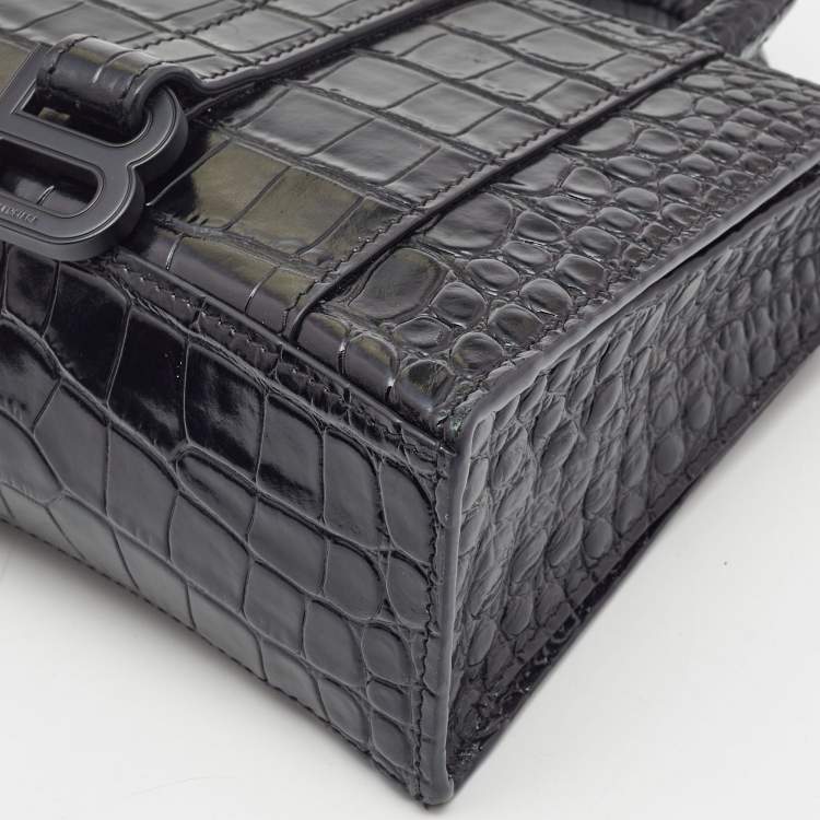 Pre Owned Balenciaga Black Croc Embossed Leather Hourglass XXS East West Tote