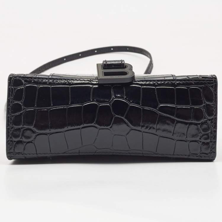 Pre Owned Balenciaga Black Croc Embossed Leather Hourglass XXS East West Tote