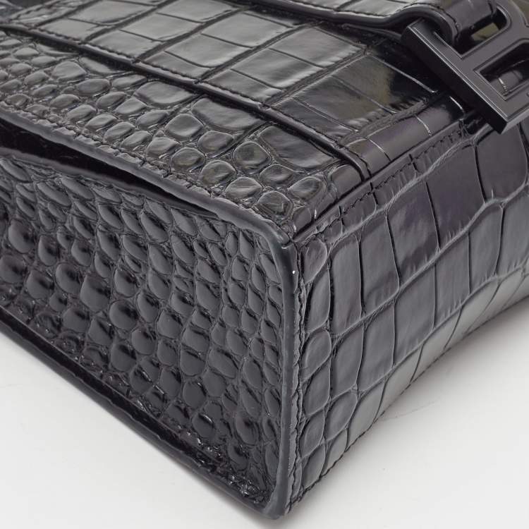 Pre Owned Balenciaga Black Croc Embossed Leather Hourglass XXS East West Tote