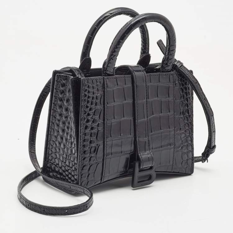Pre Owned Balenciaga Black Croc Embossed Leather Hourglass XXS East West Tote