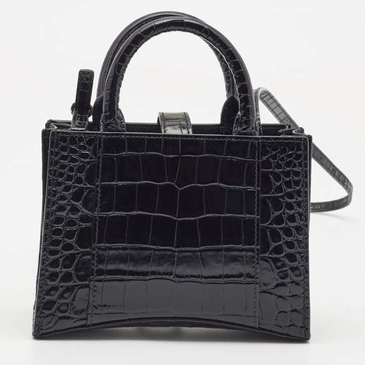 Pre Owned Balenciaga Black Croc Embossed Leather Hourglass XXS East West Tote