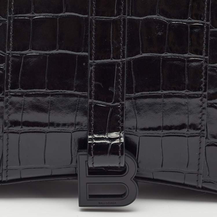 Pre Owned Balenciaga Black Croc Embossed Leather Hourglass XXS East West Tote