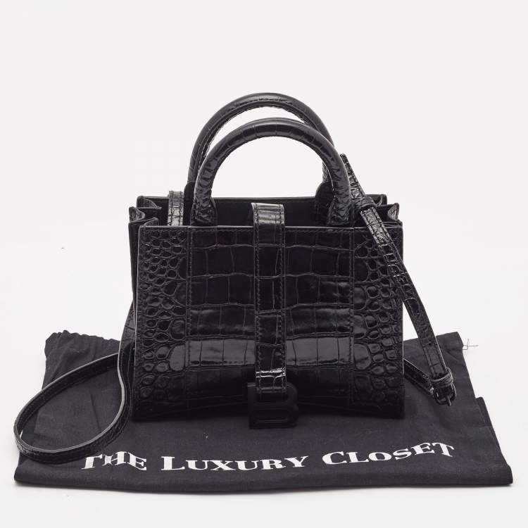 Pre Owned Balenciaga Black Croc Embossed Leather Hourglass XXS East West Tote