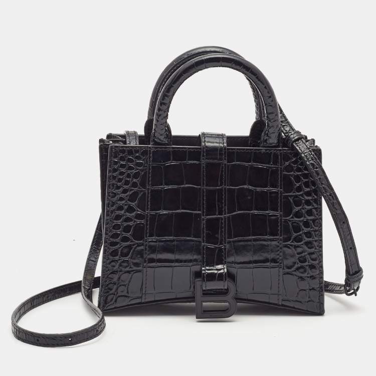 Pre Owned Balenciaga Black Croc Embossed Leather Hourglass XXS East West Tote