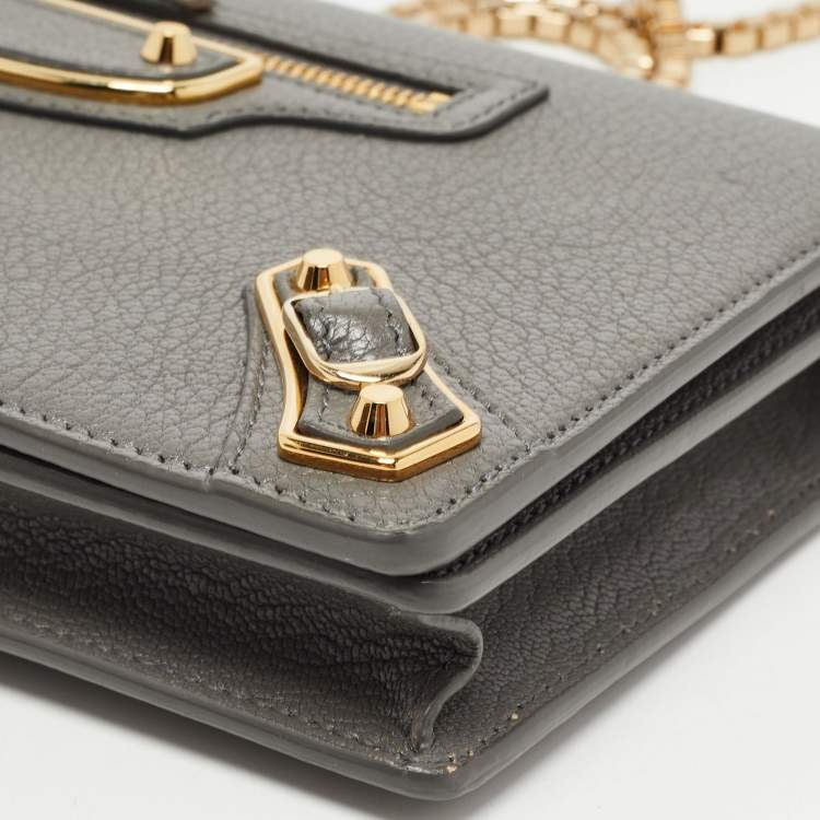 Pre Owned Balenciaga Grey Leather Metallic Edge City Wallet on Chain