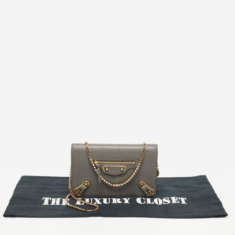 Pre Owned Balenciaga Grey Leather Metallic Edge City Wallet on Chain