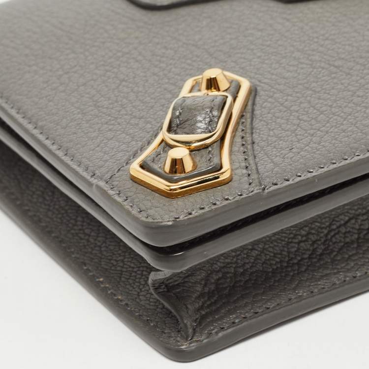 Pre Owned Balenciaga Grey Leather Metallic Edge City Wallet on Chain