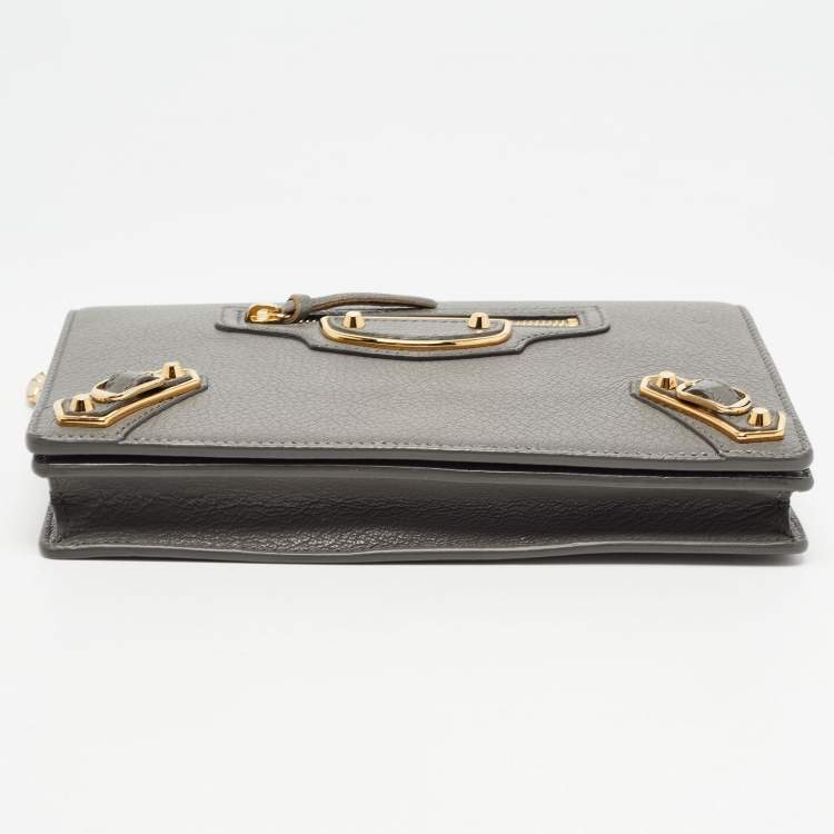 Pre Owned Balenciaga Grey Leather Metallic Edge City Wallet on Chain