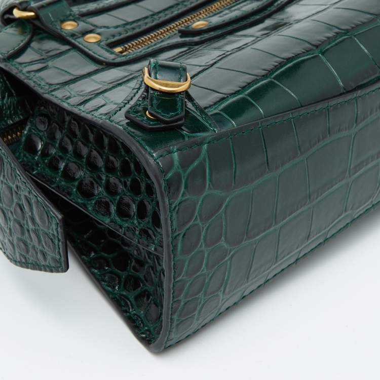 Pre Owned Balenciaga Green Croc Embossed Leather Mini Neo Classic Bag