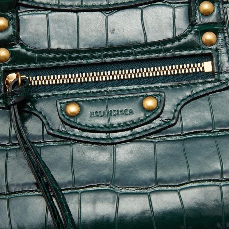 Pre Owned Balenciaga Green Croc Embossed Leather Mini Neo Classic Bag