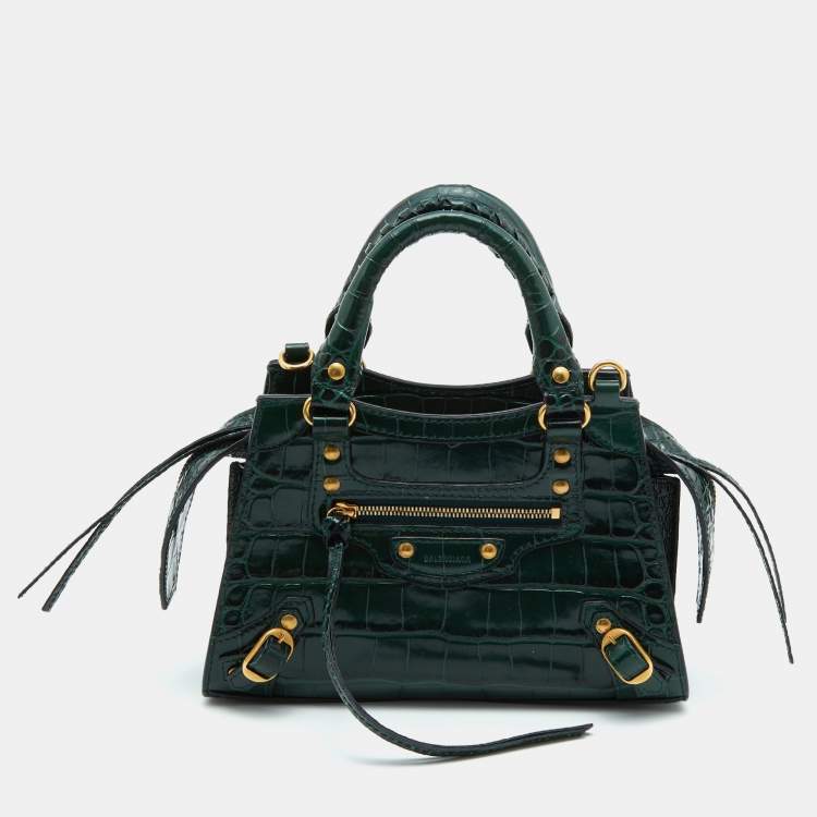 Pre Owned Balenciaga Green Croc Embossed Leather Mini Neo Classic Bag