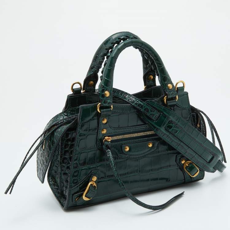 Pre Owned Balenciaga Green Croc Embossed Leather Mini Neo Classic Bag
