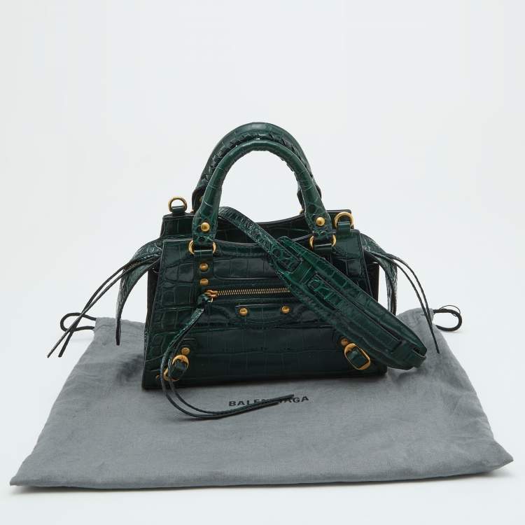 Pre Owned Balenciaga Green Croc Embossed Leather Mini Neo Classic Bag