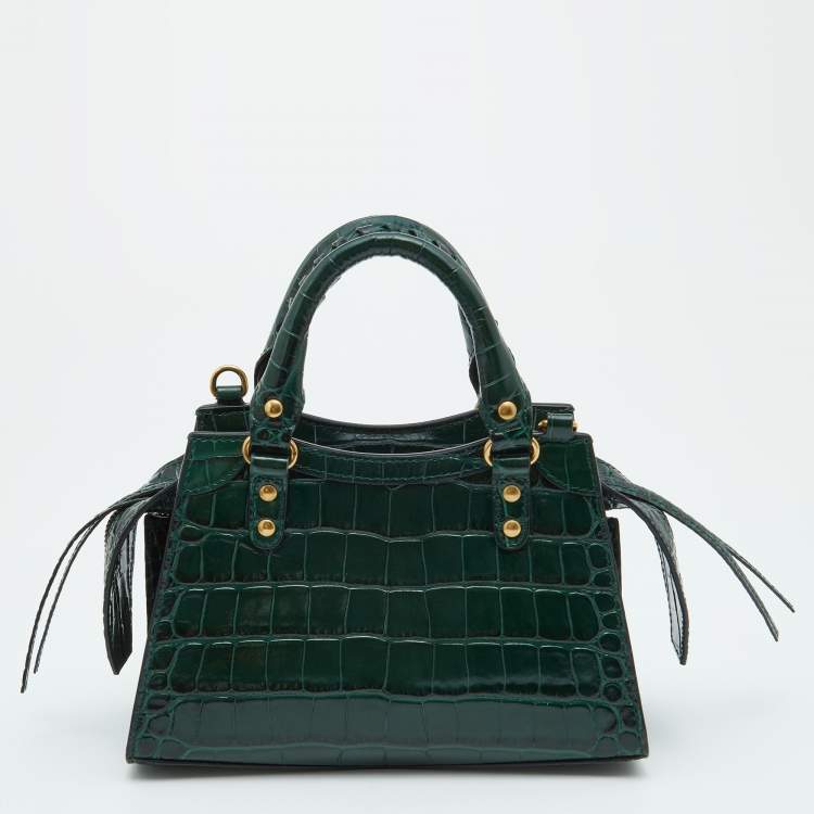 Pre Owned Balenciaga Green Croc Embossed Leather Mini Neo Classic Bag