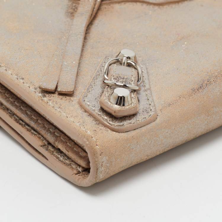 Pre Owned Balenciaga Beige/Silver Shimmer Leather Milkyway Papier Flap Wallet