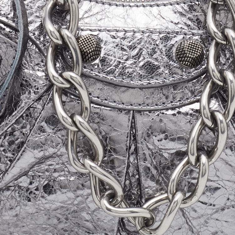 Pre Owned Balenciaga Silver Leather XS Le Cagole Chain Shoulder Bag