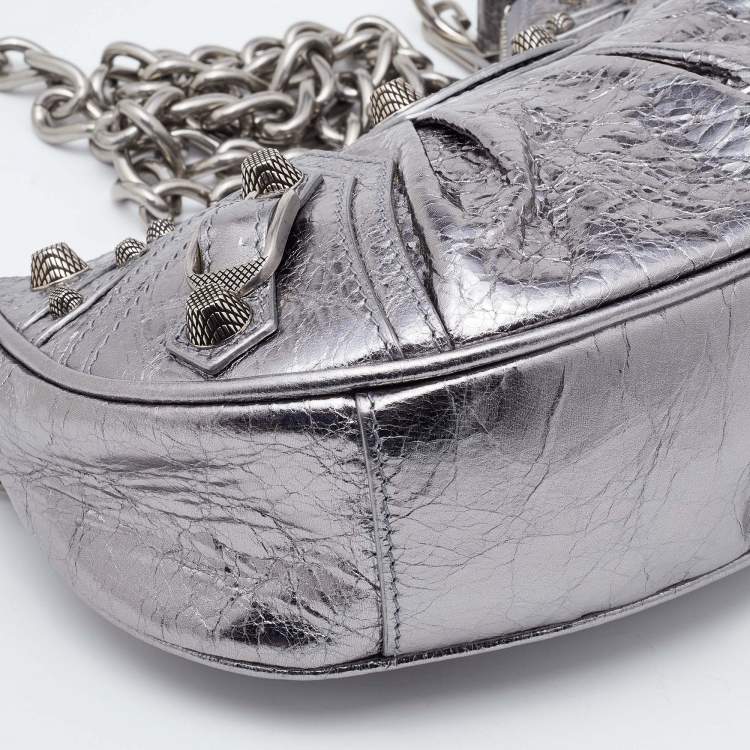 Pre Owned Balenciaga Silver Leather XS Le Cagole Chain Shoulder Bag