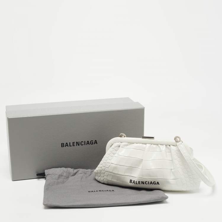Pre Owned Balenciaga White Crocodile Embossed Leather XS Cloud Clutch Bag