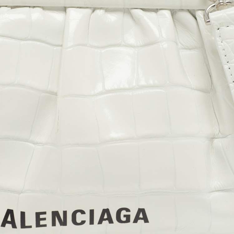 Pre Owned Balenciaga White Crocodile Embossed Leather XS Cloud Clutch Bag