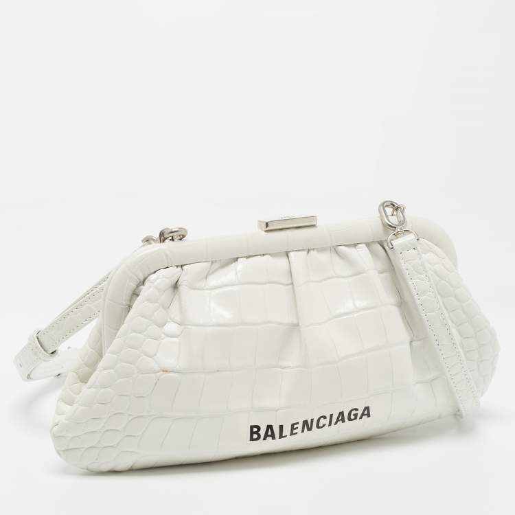 Pre Owned Balenciaga White Crocodile Embossed Leather XS Cloud Clutch Bag