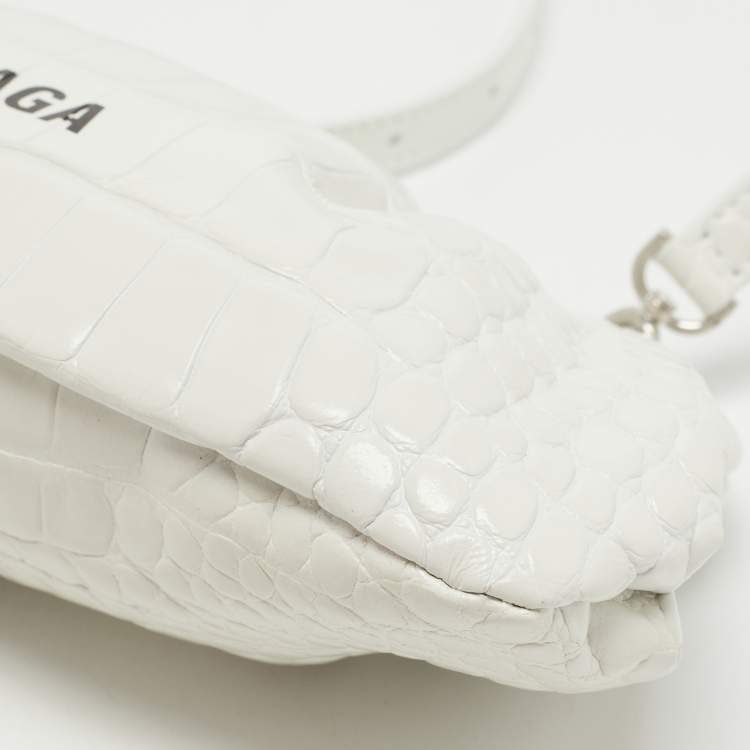 Pre Owned Balenciaga White Crocodile Embossed Leather XS Cloud Clutch Bag