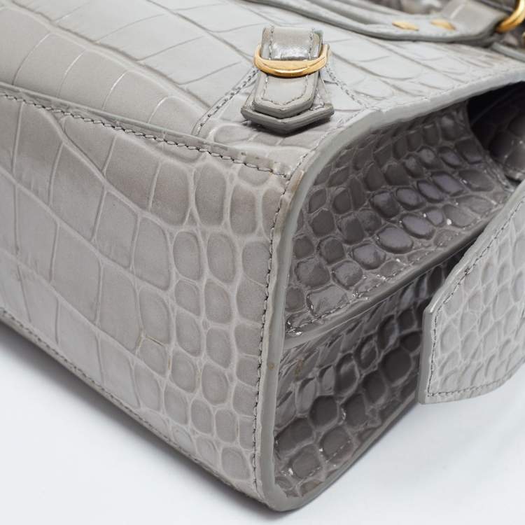 Pre Owned Balenciaga Grey Croc Embossed Leather Mini Neo Classic Bag