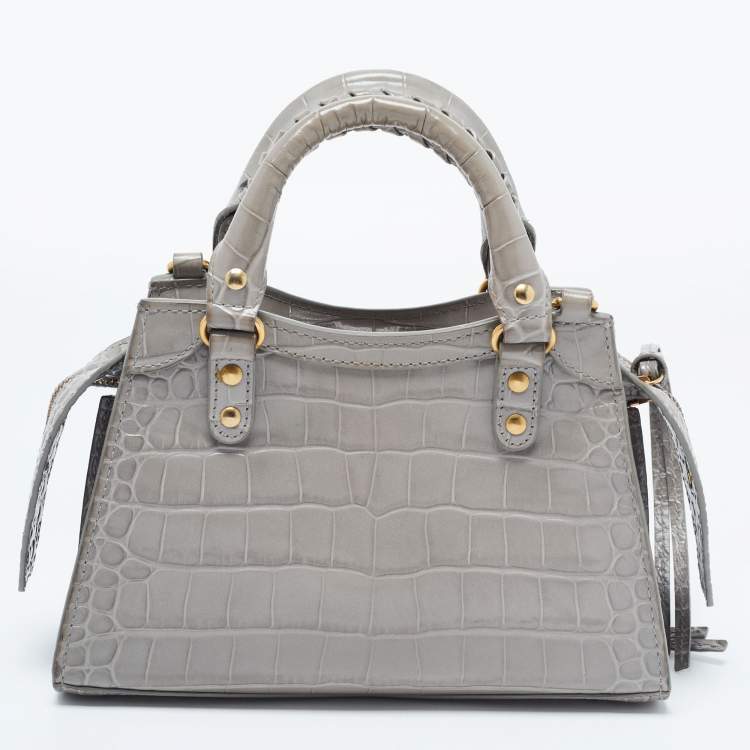 Pre Owned Balenciaga Grey Croc Embossed Leather Mini Neo Classic Bag