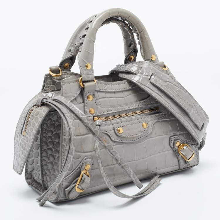 Pre Owned Balenciaga Grey Croc Embossed Leather Mini Neo Classic Bag