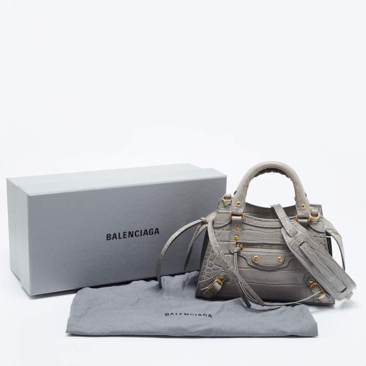 Pre Owned Balenciaga Grey Croc Embossed Leather Mini Neo Classic Bag