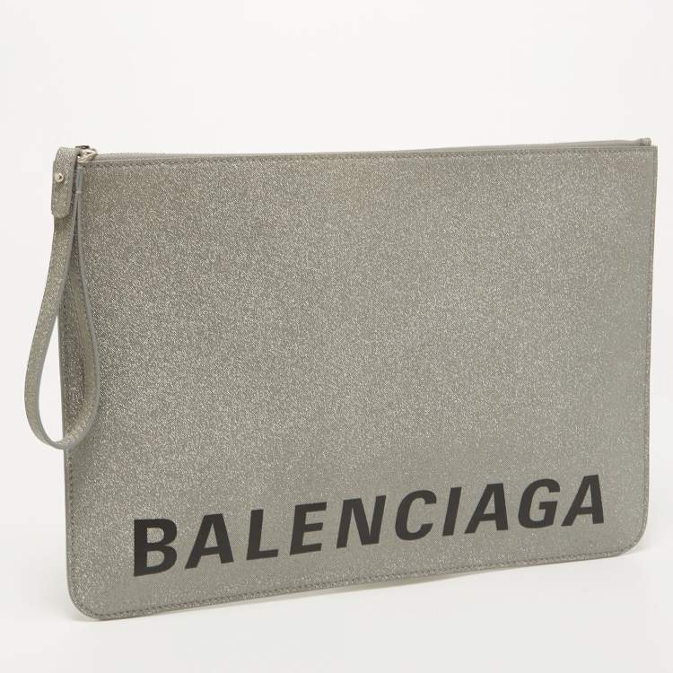 Pre Owned Balenciaga Grey Glitter Leather Ville Wristlet Pouch