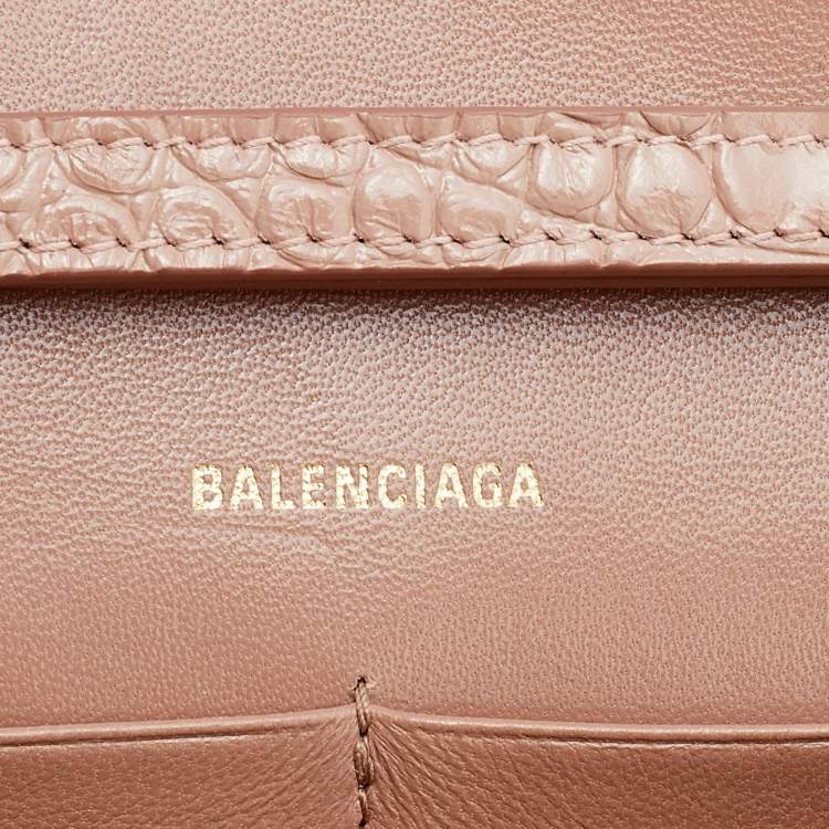 Pre Owned Balenciaga Pink Croc Embossed Leather Hourglass Wallet on Chain