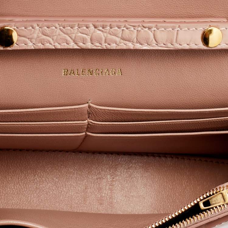 Pre Owned Balenciaga Pink Croc Embossed Leather Hourglass Wallet on Chain