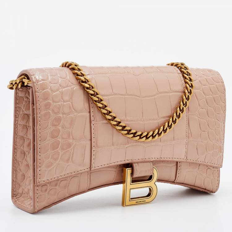 Pre Owned Balenciaga Pink Croc Embossed Leather Hourglass Wallet on Chain
