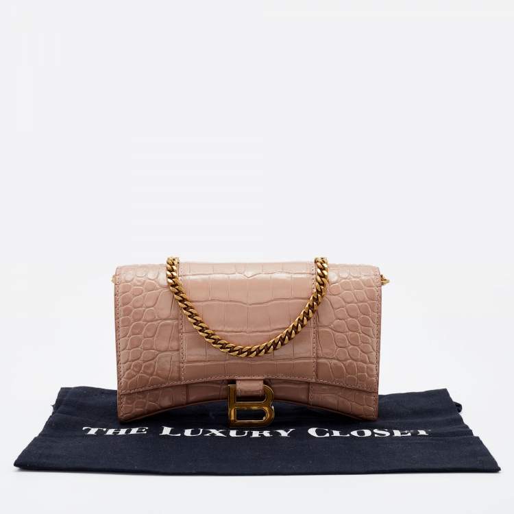 Pre Owned Balenciaga Pink Croc Embossed Leather Hourglass Wallet on Chain