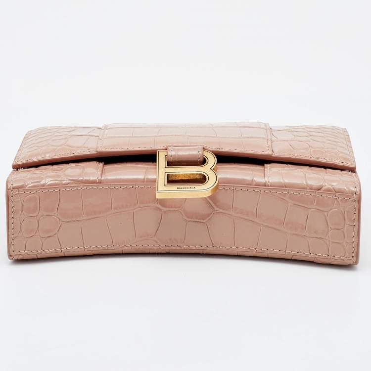 Pre Owned Balenciaga Pink Croc Embossed Leather Hourglass Wallet on Chain