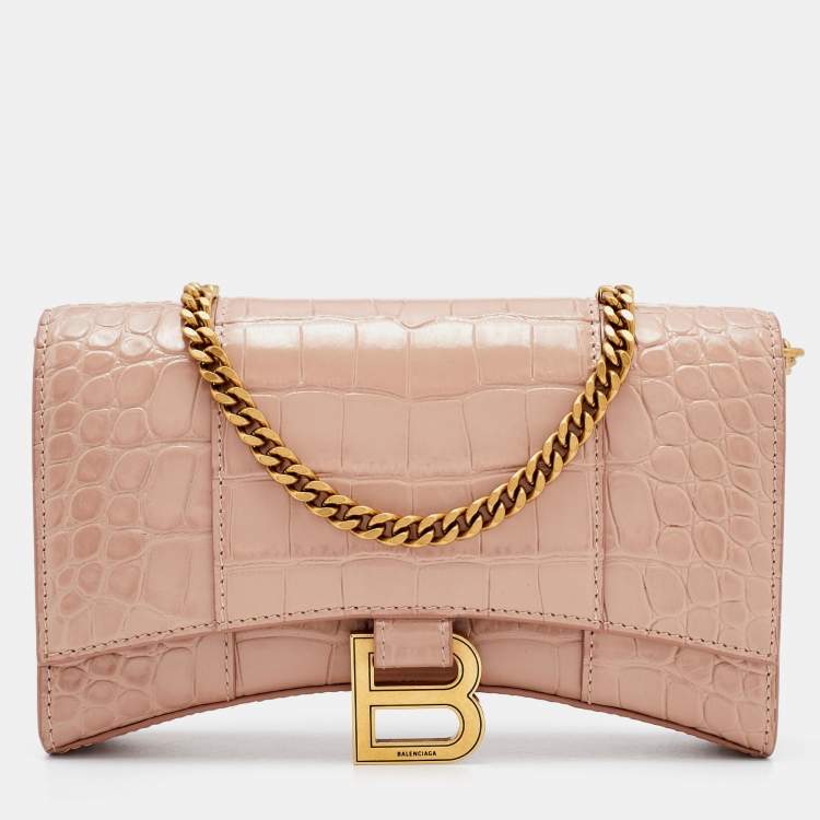 Balenciaga Pink Croc Embossed Leather Hourglass Wallet on Chain Balenciaga