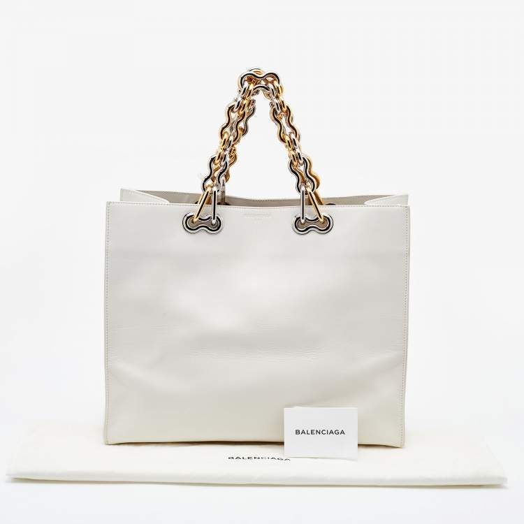 Pre Owned Balenciaga Off White Leather Chain Tote