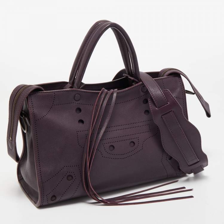 Pre Owned Balenciaga Purple Leather Small Blackout City Tote