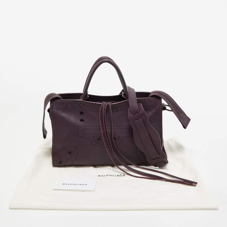 Pre Owned Balenciaga Purple Leather Small Blackout City Tote